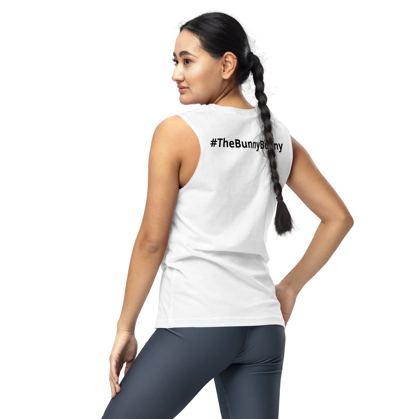 Unisex Muscle Shirt White with Black Writing and Leaderboard Name on Back