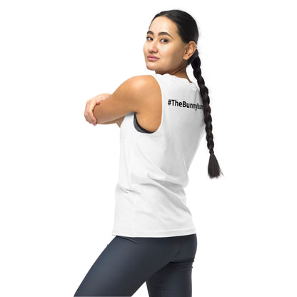 Unisex Muscle Shirt White with Black Writing and Leaderboard Name on Back